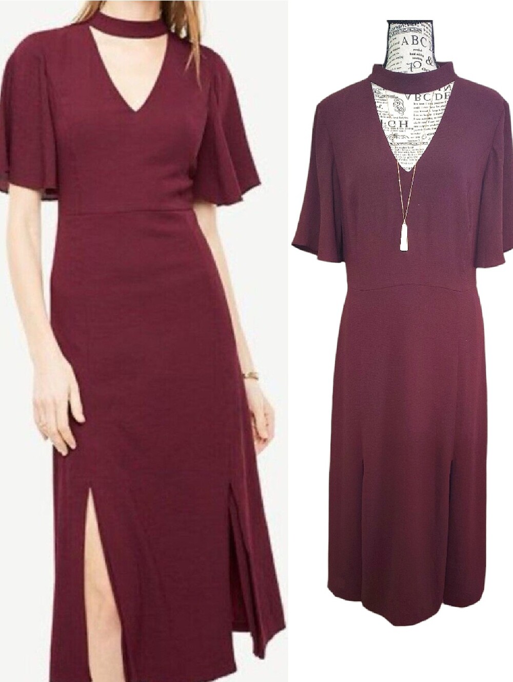 Ann Taylor Burgundy Choker Neck Flutter Sleeve Midi Dress SZ 8